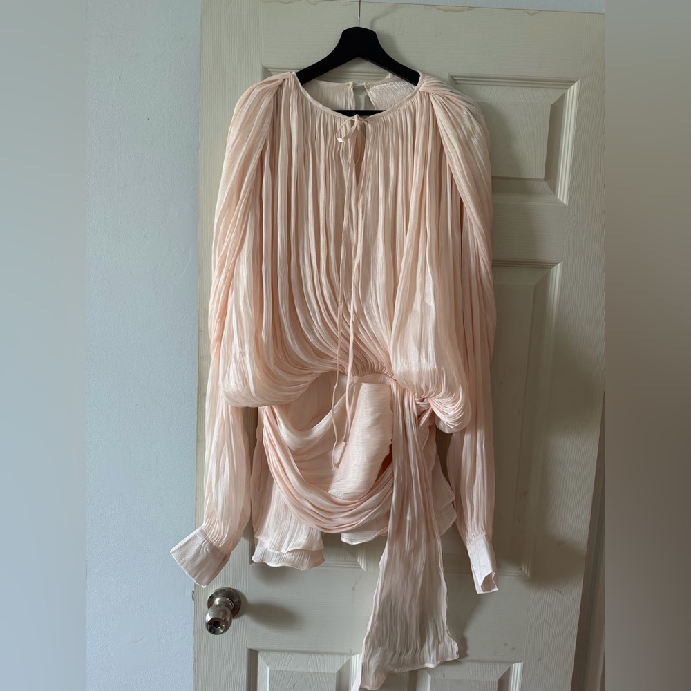 Beige Tan Mini Dress Ruffles Hem Lantern Sleeve. Fabric Semi sheer  Sparkling